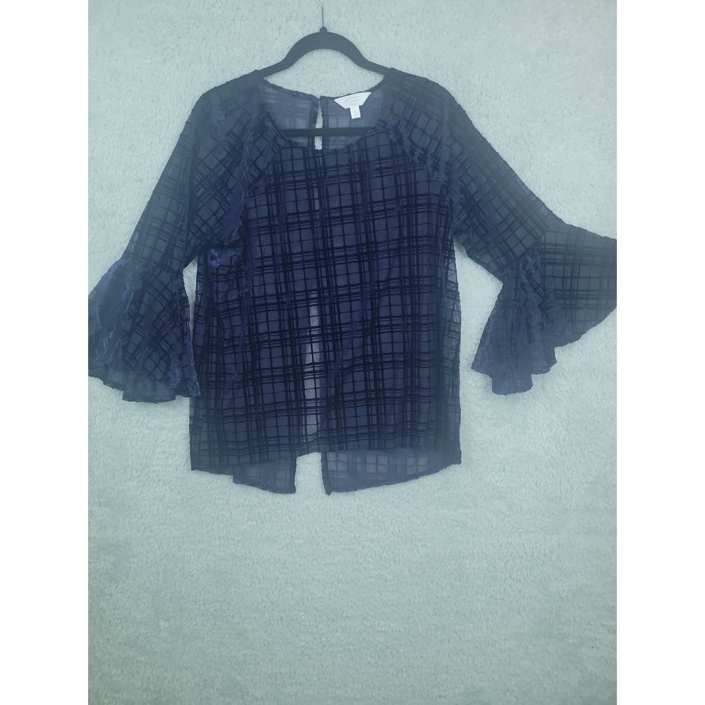 Lauren Conrad Runway Top Large Navy Plaid Bell Sleeve Blouse Sheer Velvet Grid P